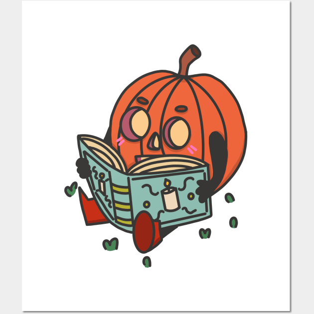 Cute reading halloween pumpkin Wall Art by grafitytees